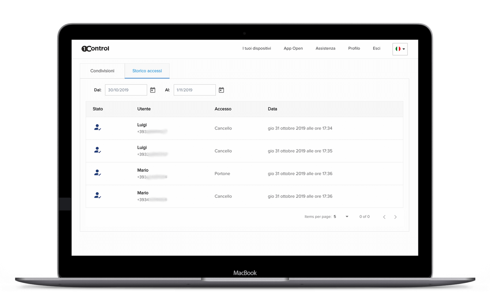 Registro degli accessi del business center consultabile in tempo reale dall'area web 1Control ACCESS