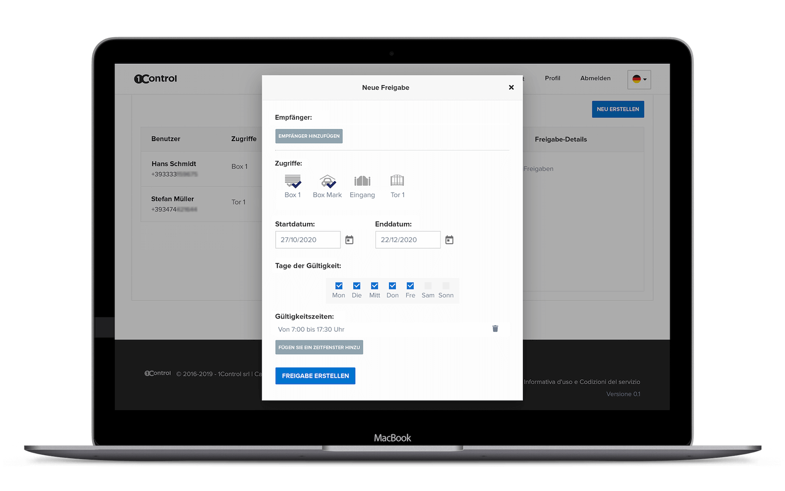 Web-Adminbereich von 1Control ACCESS: Verwaltung der tempor&auml;ren Nutzer und Zugangsprotokoll des Besprechungsraums