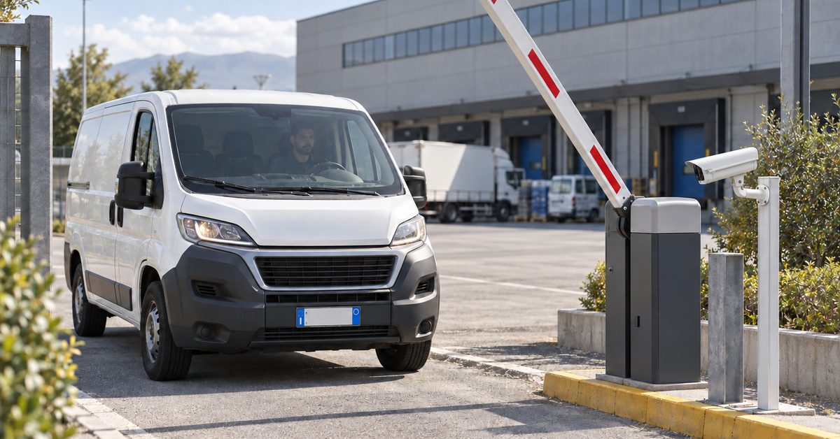 Courier van at the barrier of a warehouse, with the 1Control ACCESS number plate camera