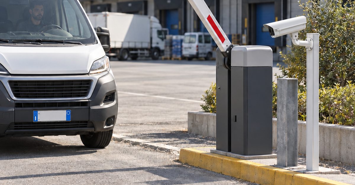 Van in front of a barrier with the 1Control ACCESS licence plate recognition camera