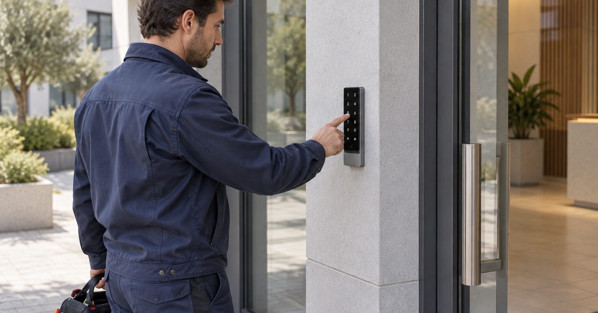 Commercial premises with glass frontage and a staff entrance managed with 1Control ACCESS access control