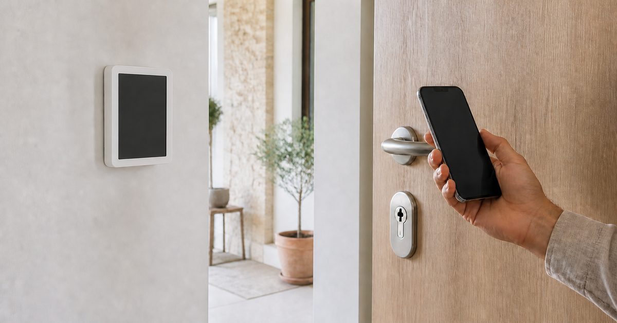 Tastiera di un allarme su una parete di casa e porta d'ingresso con smartphone: segnalare le intrusioni e controllare gli accessi sono due funzioni diverse