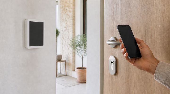 Tastiera di un allarme su una parete di casa e porta d'ingresso con smartphone: segnalare le intrusioni e controllare gli accessi sono due funzioni diverse