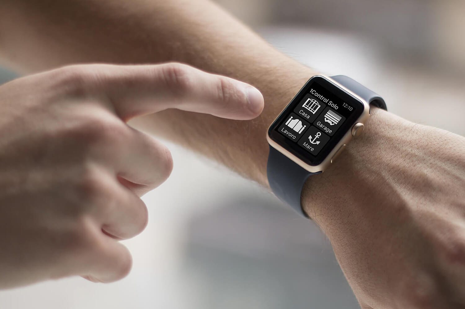 Apple Watch on a wrist with the 1Control app showing the Home and Garage entrances: open the garage door with a smartwatch