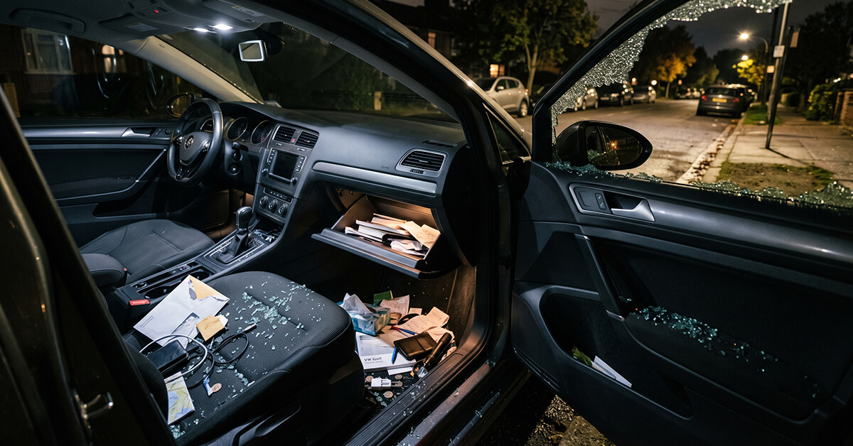 Broken car window with the gate remote missing from the glovebox