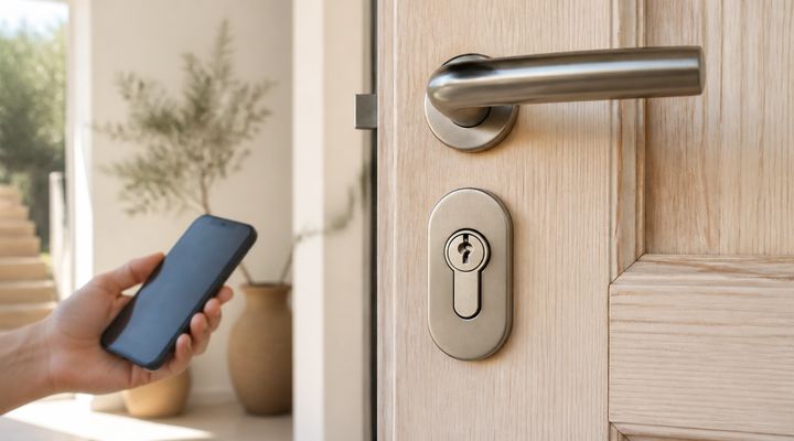 Porta d'ingresso con serratura a cilindro in primo piano e smartphone: la protezione meccanica e il controllo delle chiavi sono la prima difesa contro i ladri