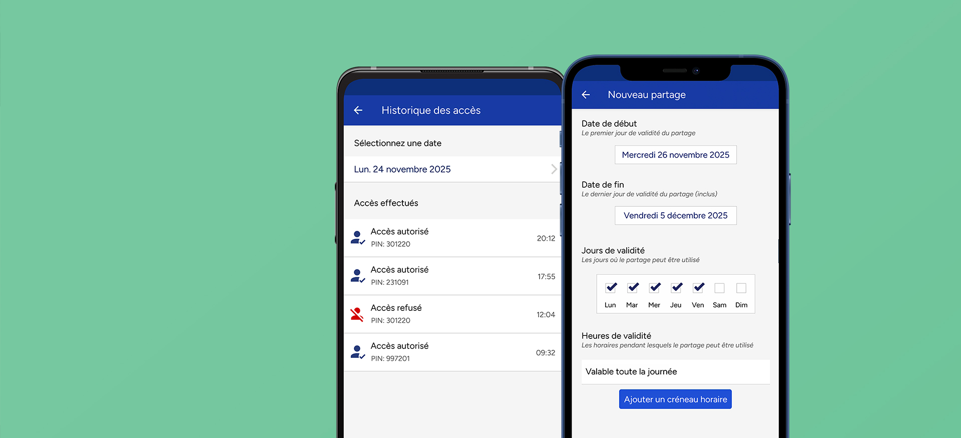 Application 1Control PAD : cr&eacute;ation et historique des codes PIN avec restrictions temporelles pour les invit&eacute;s Airbnb