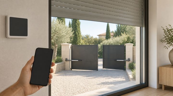 Interruttore smart per tapparelle e smartphone, con un cancello automatico sullo sfondo: tapparelle e accessi esterni viaggiano su sistemi diversi