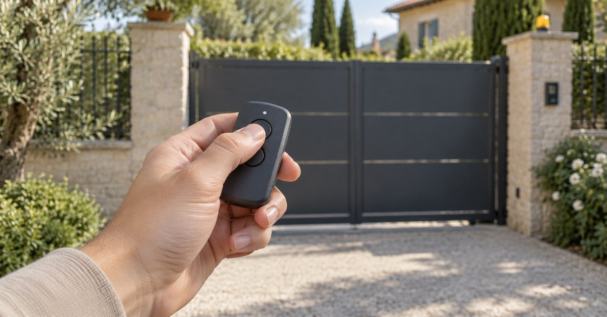 Hand holding a remote in front of a gate: fixed code vs rolling code