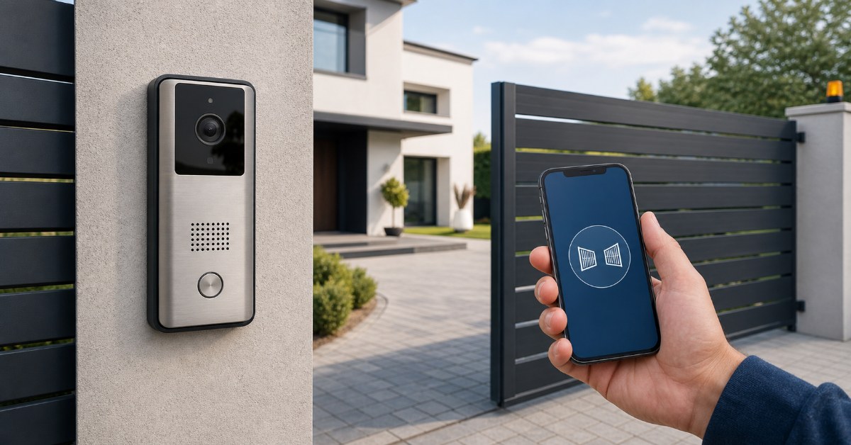 Videocitofono sul pilastro di un ingresso e smartphone davanti a un cancello automatico: due soluzioni distinte per vedere chi suona e aprire dal telefono