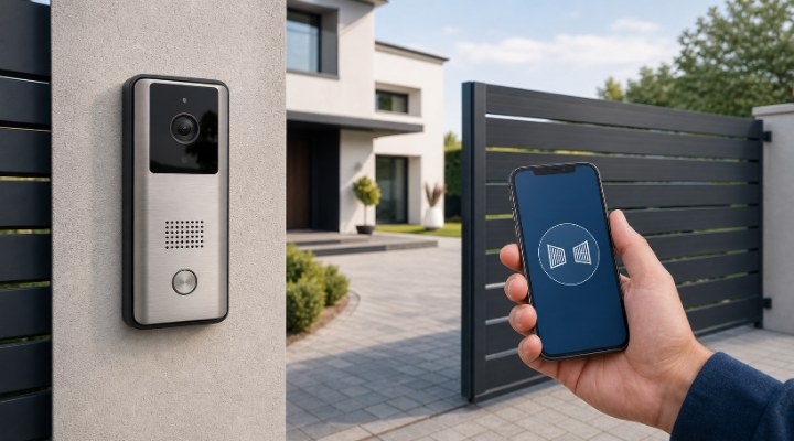 Videocitofono sul pilastro di un ingresso e smartphone davanti a un cancello automatico: due soluzioni distinte per vedere chi suona e aprire dal telefono