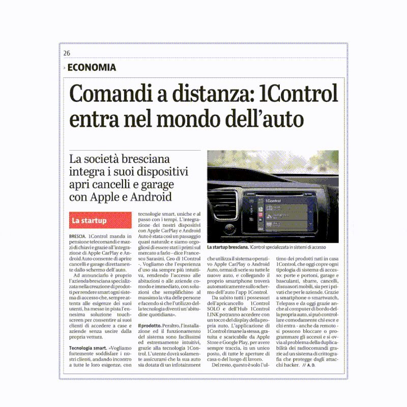 Articolo CarPlay Giornale di Brescia - 1Control